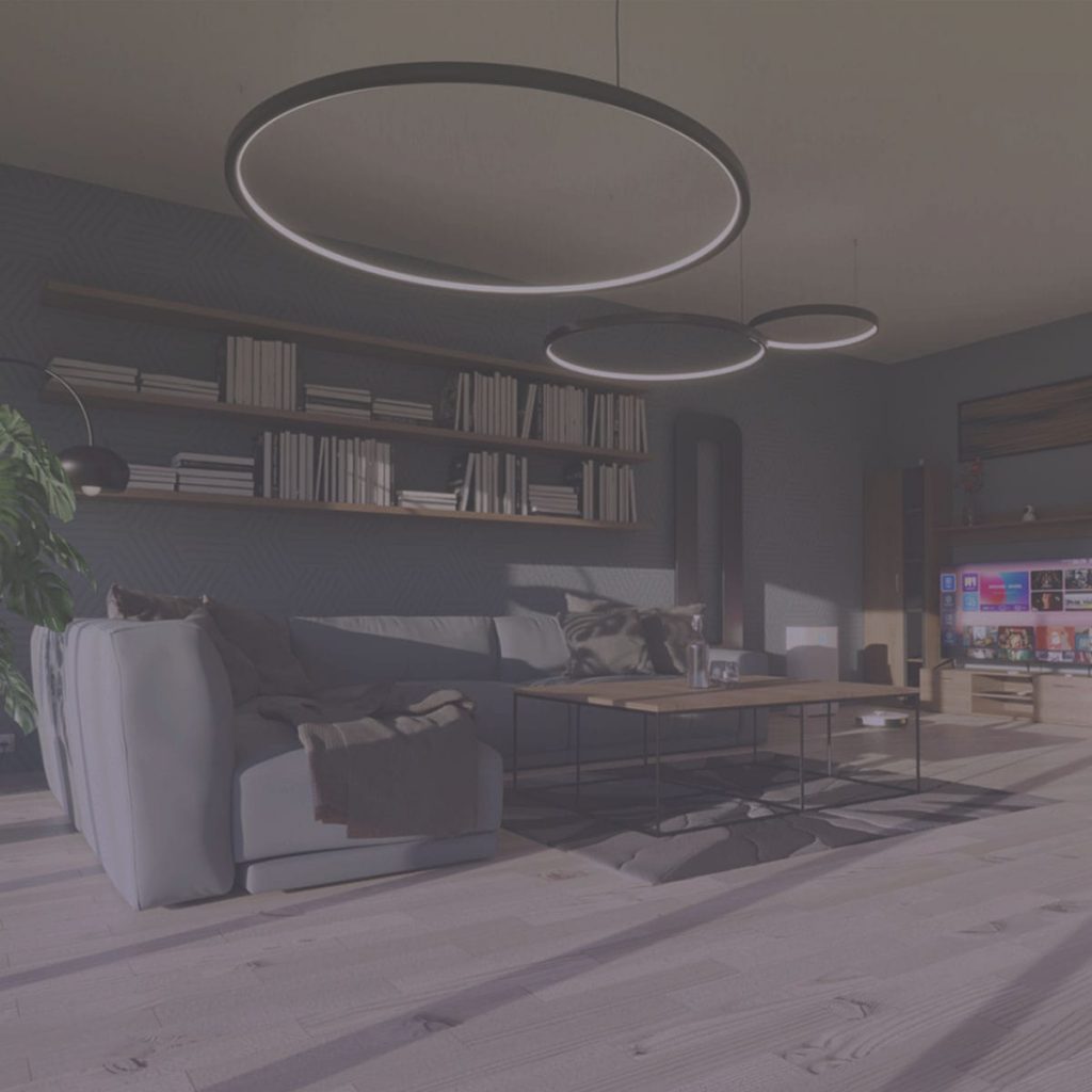 Modern nappali a mennyezeten nagy kör alakú lámpák