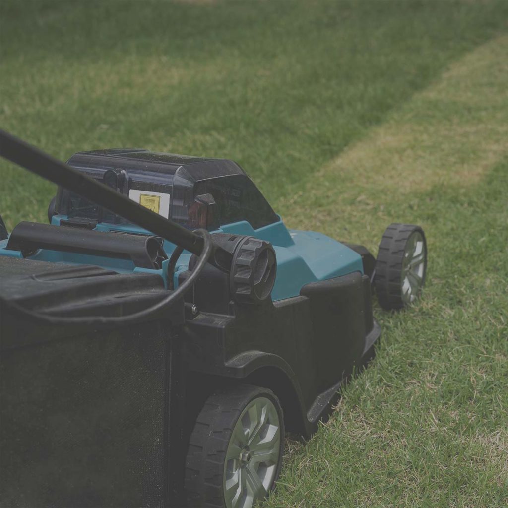 zöld akkumulátoros fűnyíró fűvet vág